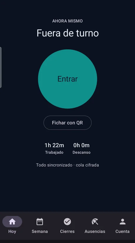 App Ponktio, pestaña Hoy: estado Fuera de turno con el botón Entrar