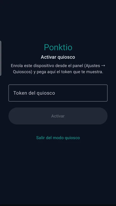App Ponktio en la tableta: pantalla Activar quiosco con el token pegado y el botón Activar