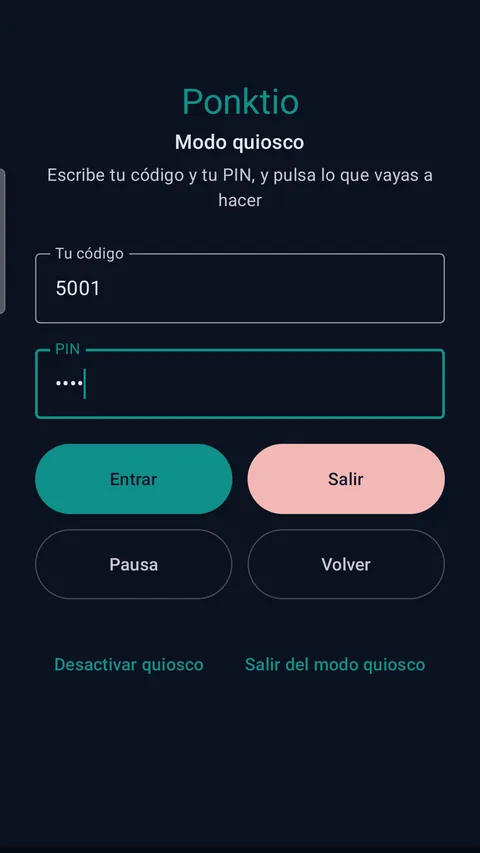 App Ponktio en modo quiosco: código y PIN escritos, con los botones Entrar y Salir resaltados
