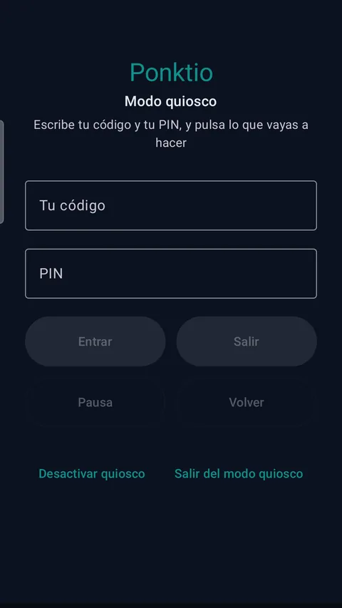 App Ponktio: modo quiosco activado y listo, con los campos de código y PIN
