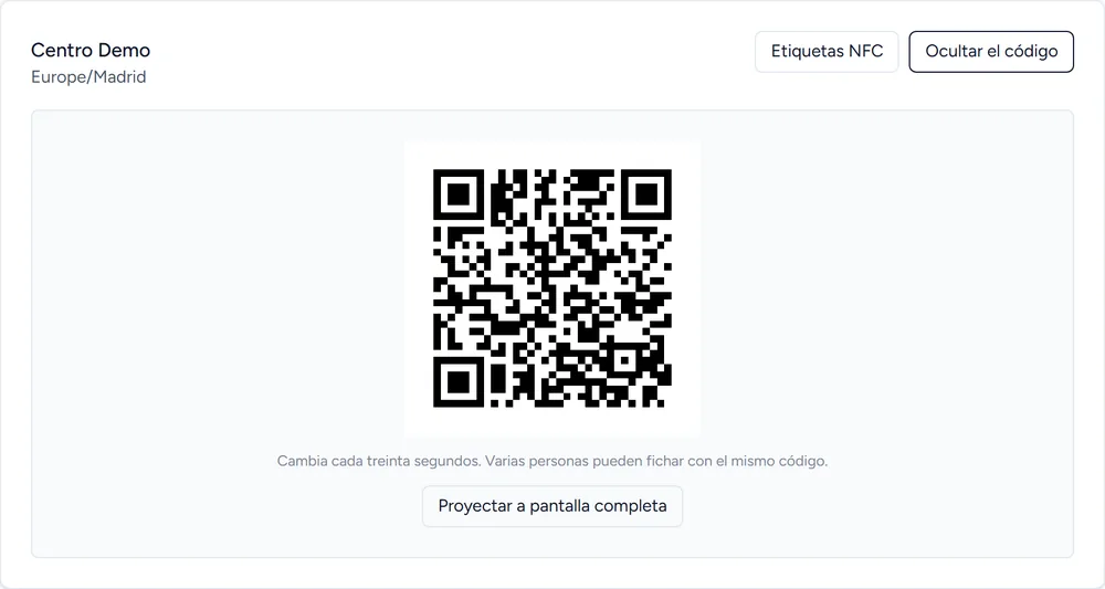 Panel de Ponktio: el código QR del centro con el aviso de que se renueva solo