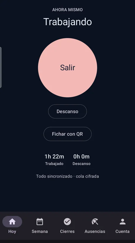 App Ponktio: tras pulsar Entrar, el estado pasa a Trabajando