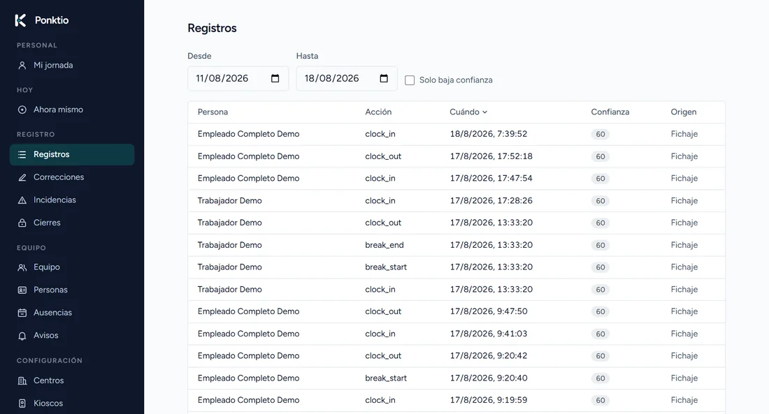 Panel Ponktio, Registros: el fichaje clock_in queda anotado con fecha, hora, confianza y origen